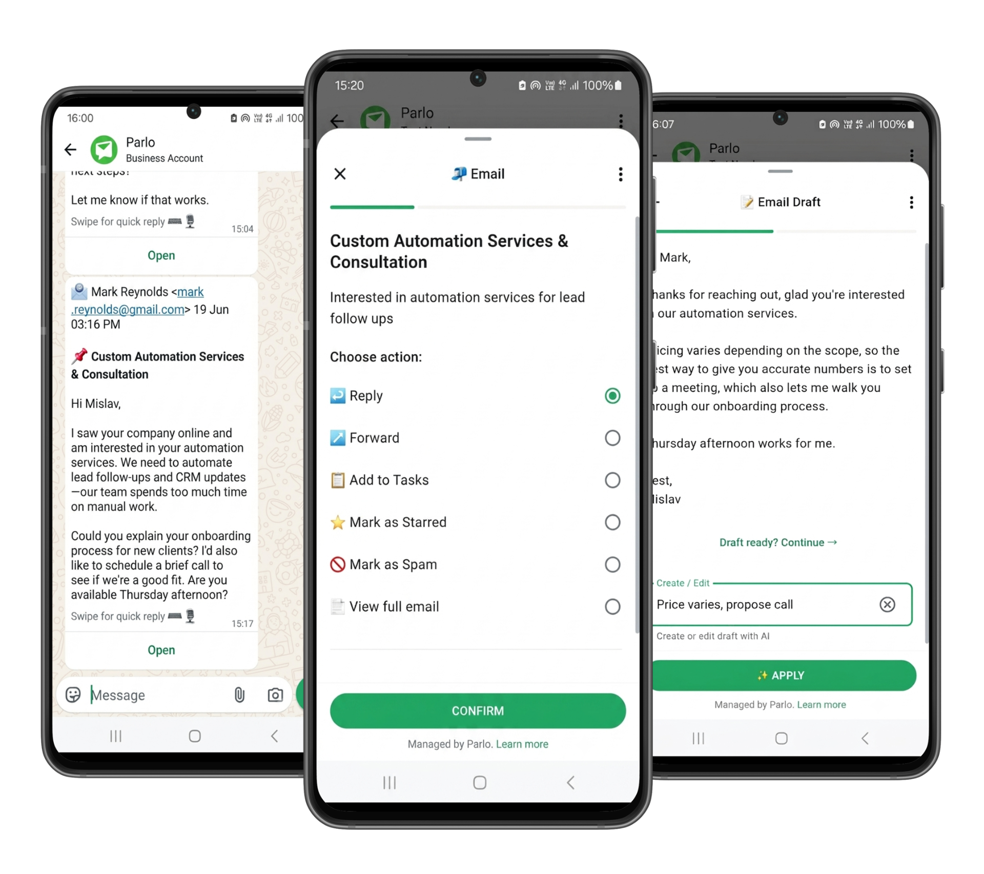Parlo email actions in WhatsApp